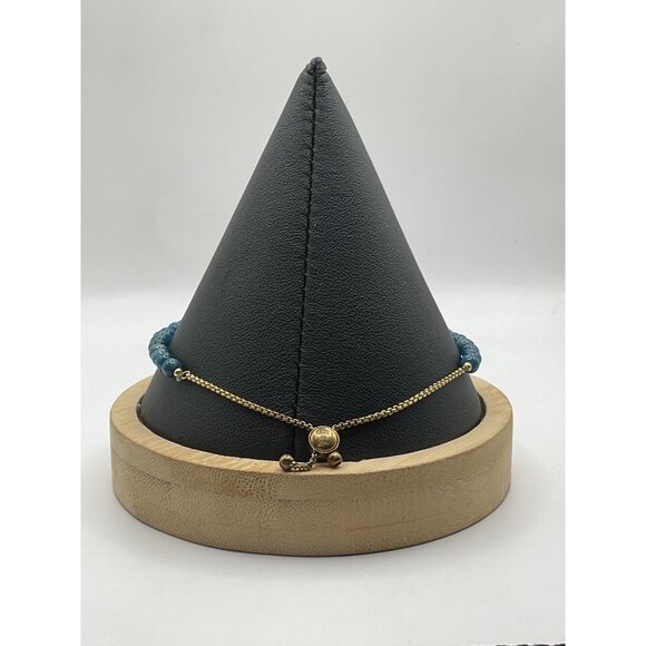 Blue Beaded Adjustable Bracelet With Gold Chain Accents - Picture 2 of 4